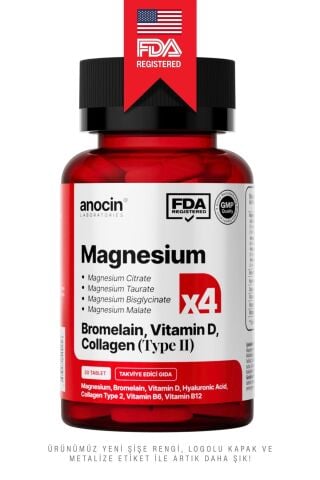 anocin MAGNEZYUM X4 COMPLEX CİTRATE, TAURATE, BİSGLYCİNATE, MALATE