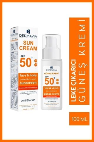 Dermavia Spf 50 Yüz Ve Vücut Koruma Leke Karşıtı Güneş Kremi 100 ml - Suya Dayanıklı Karma Ciltler