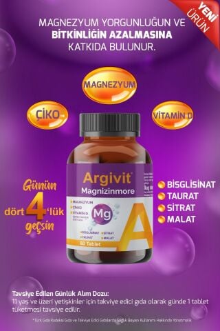 Magnizinmore Magnezyum, Çinko Ve Vitamin D (BİSGLİSİNAT, TAURAT, MALAT, SİTRAT) 60 Tablet
